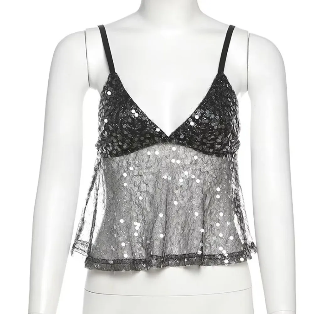 Women Fashion V-neck Women Camisole Backless Sequins Suspender Tank Top Hanging Strap Sling Patchwork Camisole Street Fashion