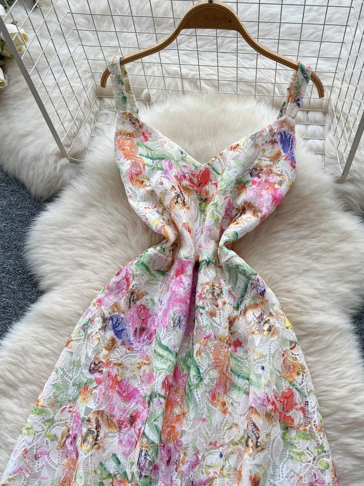 Ele Hollow out Embroidered Lace Strap Dr Women's High Waist A-Line Skirt ort Sve Summer Commute Korean Sle