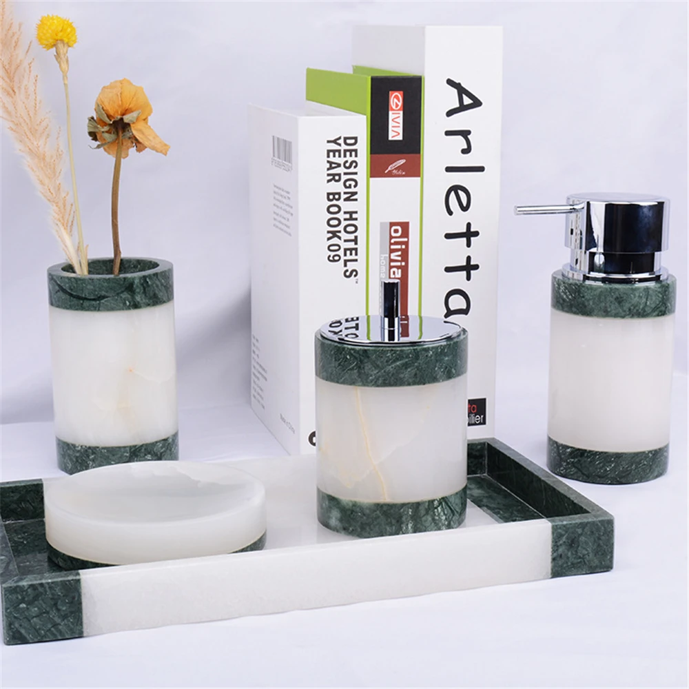 Jade High-Grade Marble Washbasin Set Cotton Swab Box Lotion Bottle Soap Dish Tray Suitable For Bathroom Marble Washbasin Set