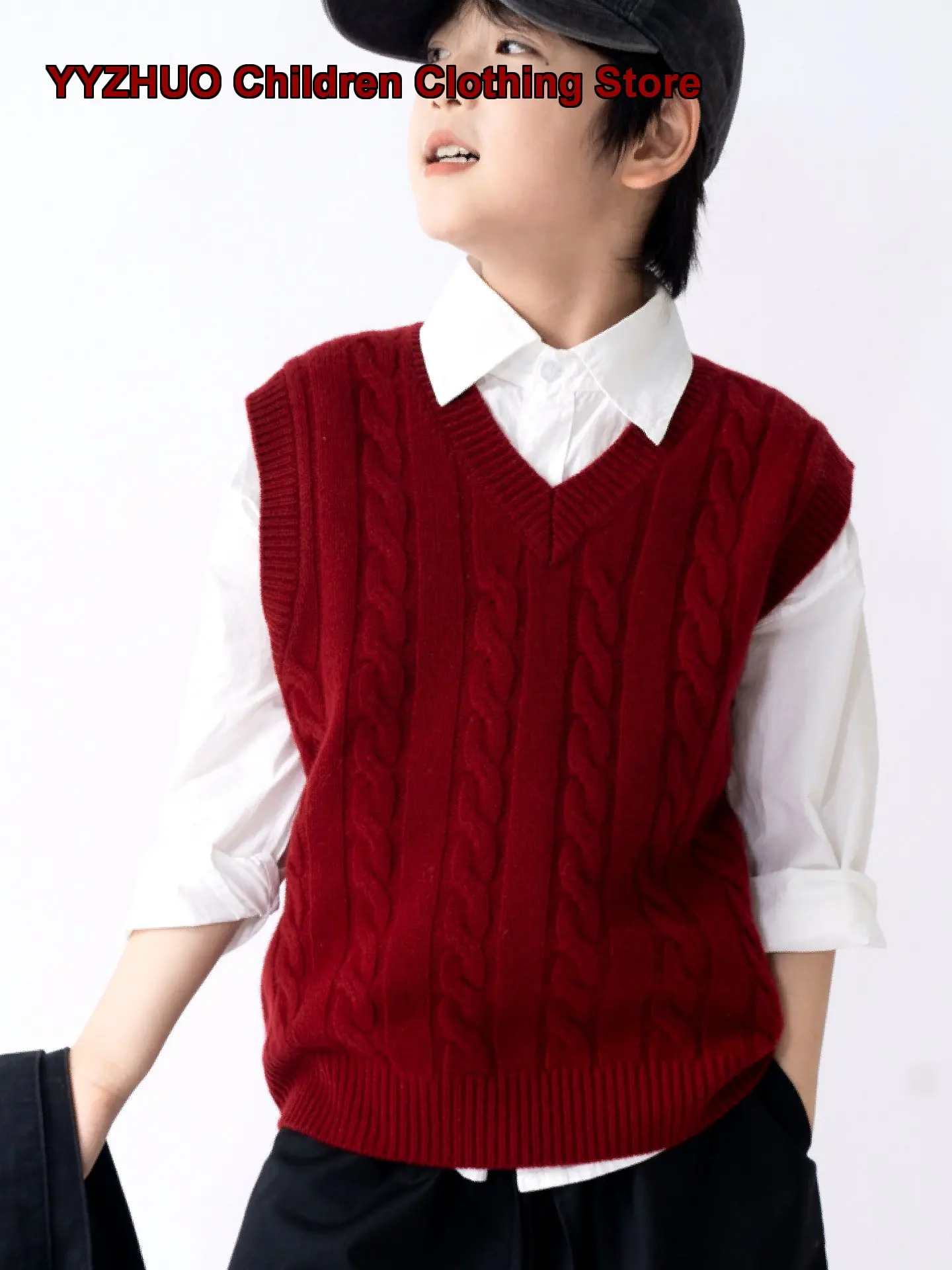 Aiskrui V-Neck New Year Red Cardigan Boys Thickened Jacquard Pattern