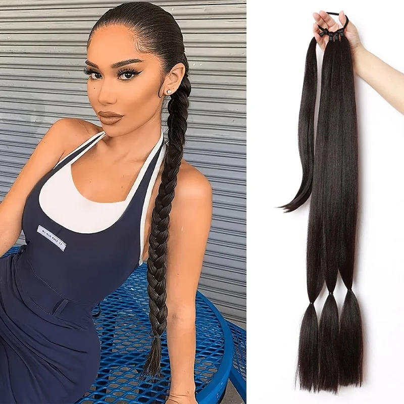 30Inch Synthetic Long Straight Braided Ponytail Elastic Rubber Band Wrap Around Clip Hairpiece for Women Daily Use