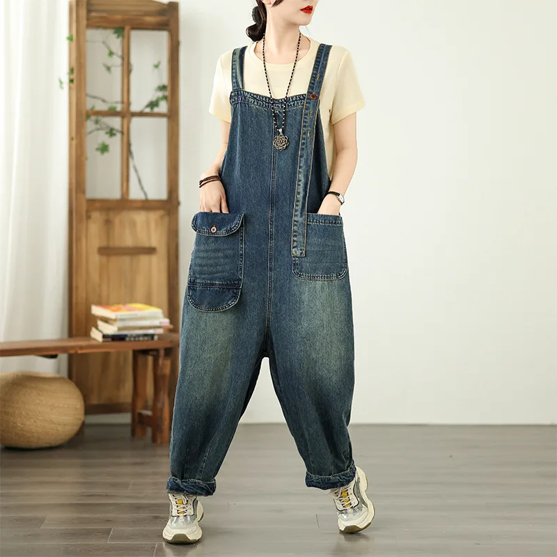 ANJY Spring  Autumn New Women Fashion Denim Casual Ankle-length Overalls Office Lady Trendy Large Pocket Stylish Chic Ins A15168