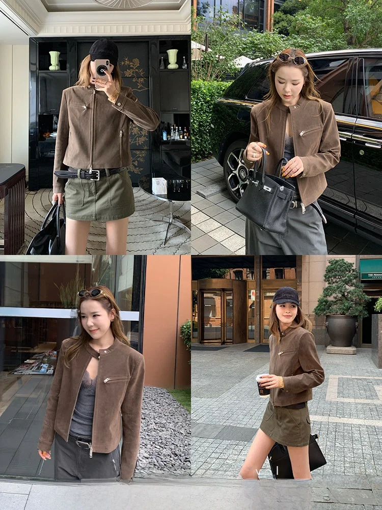 

Xzichic Women's ort Slim Fit Stand Collar Jaet Fake Deer Skin Leather Coat Wide oulder Biker Sle Autumn Outerwear