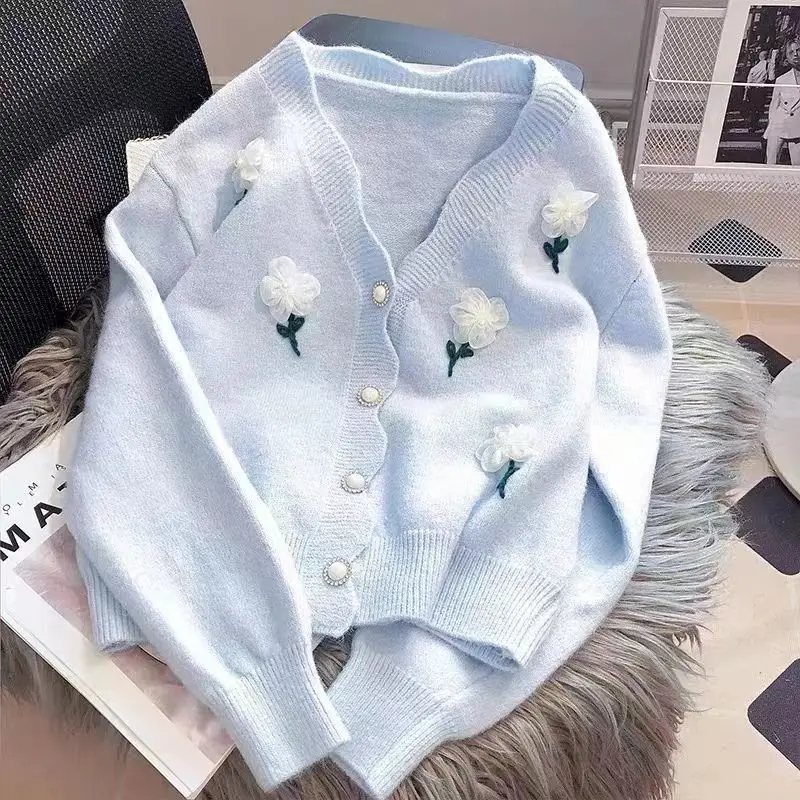 Women Autumn Fashion Embroidered Loose V-neck Long Sleeve Knitwear Tops Ladies Trend All-match Casual Knitting Cardigan Coat