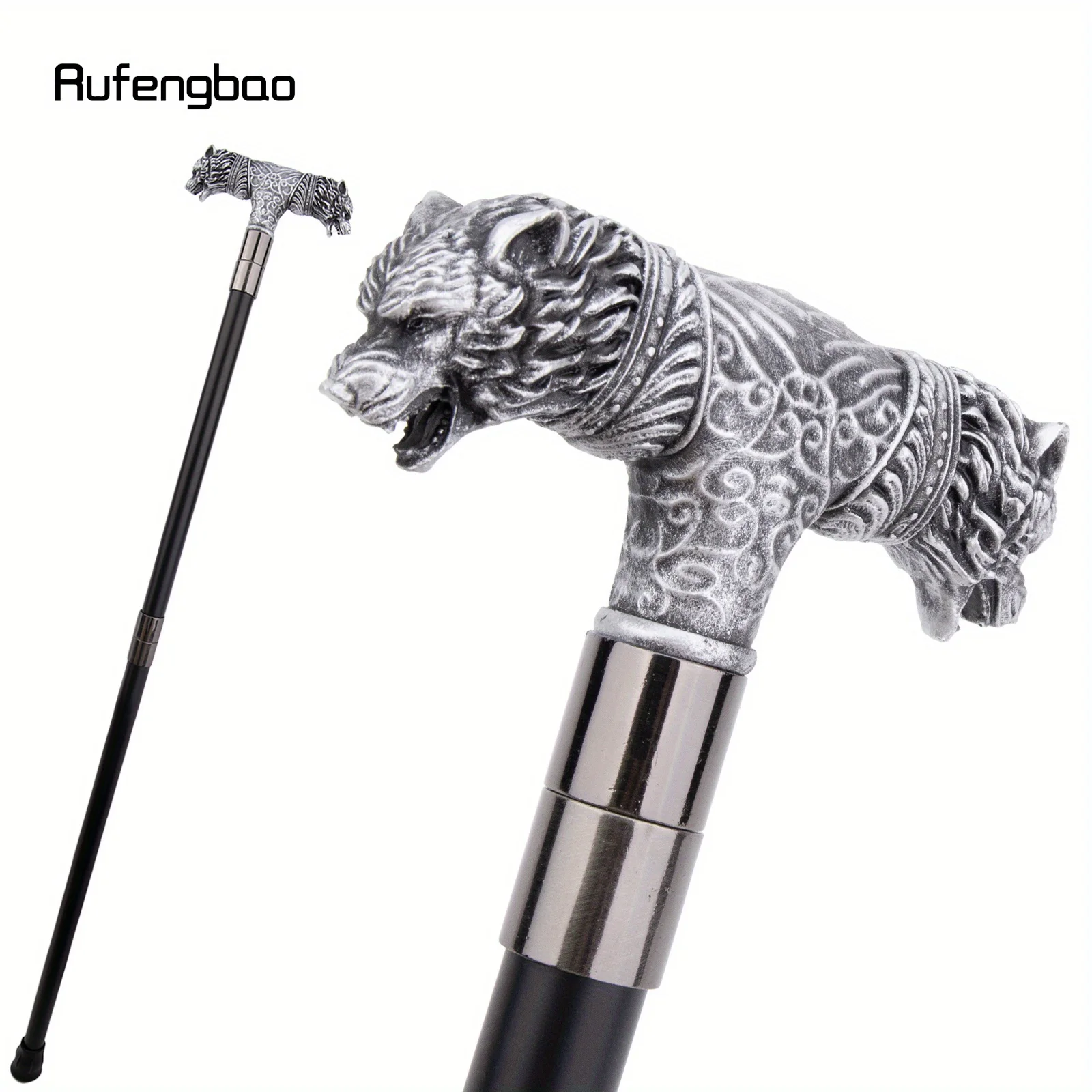 الفضة الراتنج الذئب مزدوجة رئيس عصا للمشي موضة الصلب عصا أنيقة تأثيري قصب مقبض Crosier أداء المرحلة قصب 92 سنتيمتر #3