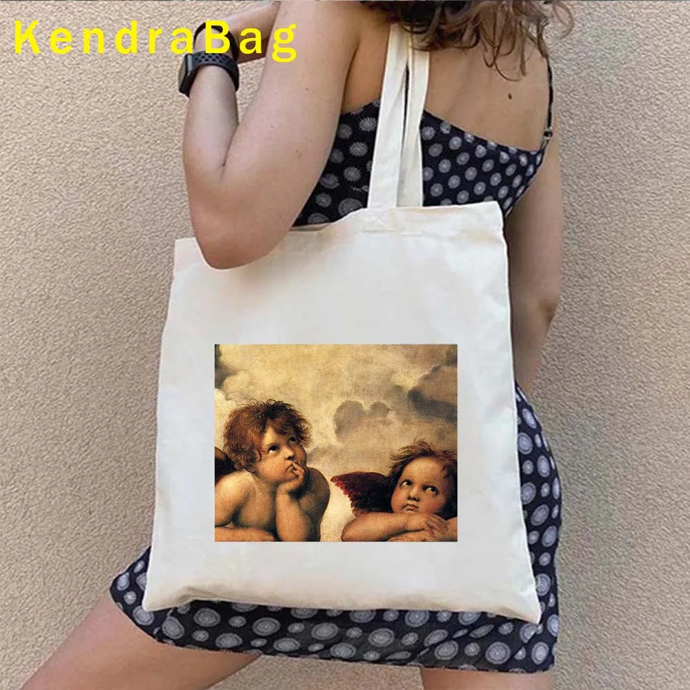 Renaissance Oil Painting Art Angel Sun Princess Mona Lisa Starry Night Flowers Shopper Canvas Shoulder Totes Bag Cotton Handbags