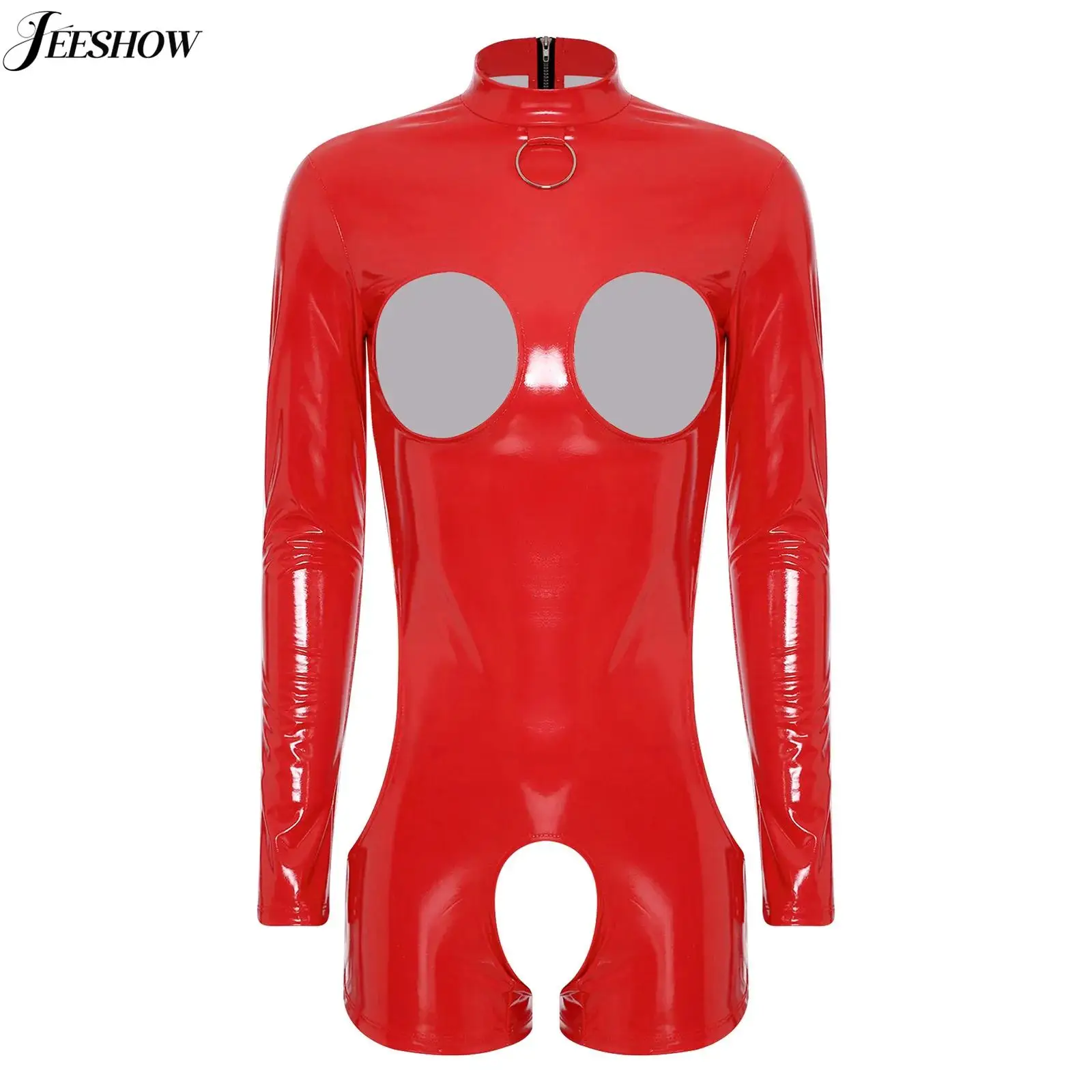 بدلة نسائية مثيرة من جلد البولي يوريثان برقبة وهمية وأكمام طويلة مفتوحة المنشعب ثوب فضفاض للنوادي الليلية بدلة رقص Catsuit ملابس النادي #1