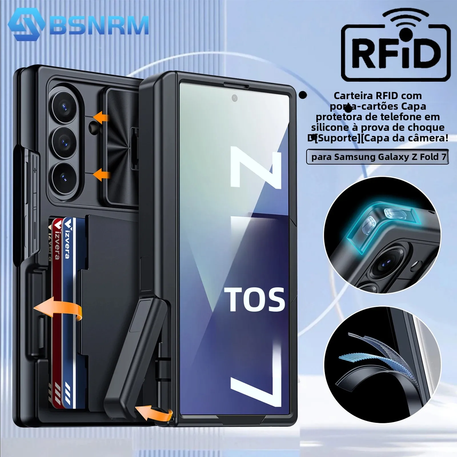 Para Samsung Galaxy Z Fold 7 Case Wallet, suporte para cartões RFID, suporte oculto, capa de câmera, capa de telefone de silicone à prova de choque-preto