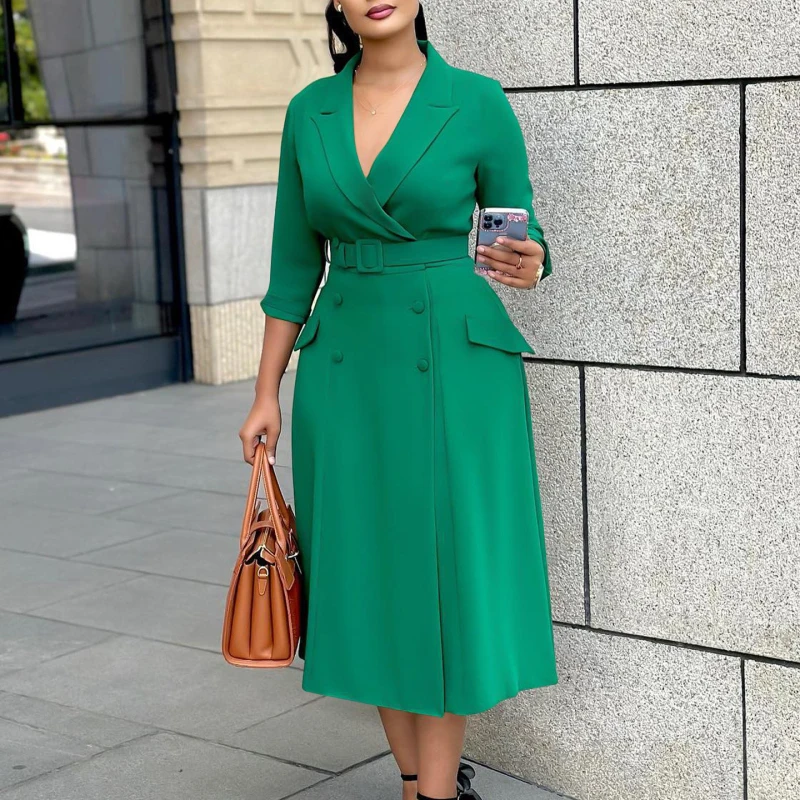 Fashion Chic Women Dress New Design Notched Collar Three Quater Sleeve Double Breasted With Belt Long Dress Office Lady Dress