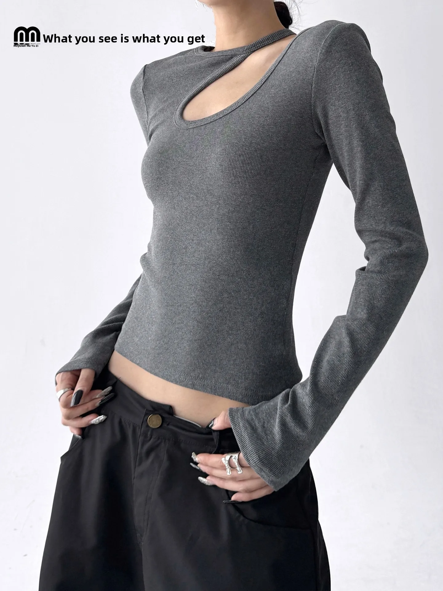 Spicy Girl Hollow out Design Slimming Pure Desire Early Autumn New Sle T-irt Base irt Commute Sle Long Sve Cotton ...