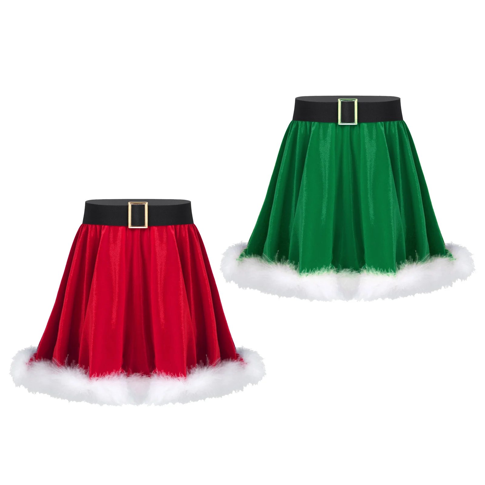 Kids Girls Christmas Classic Costume Black Metal Button Belt White Feather Trim Edge Solid Color Short Pleated Skirt