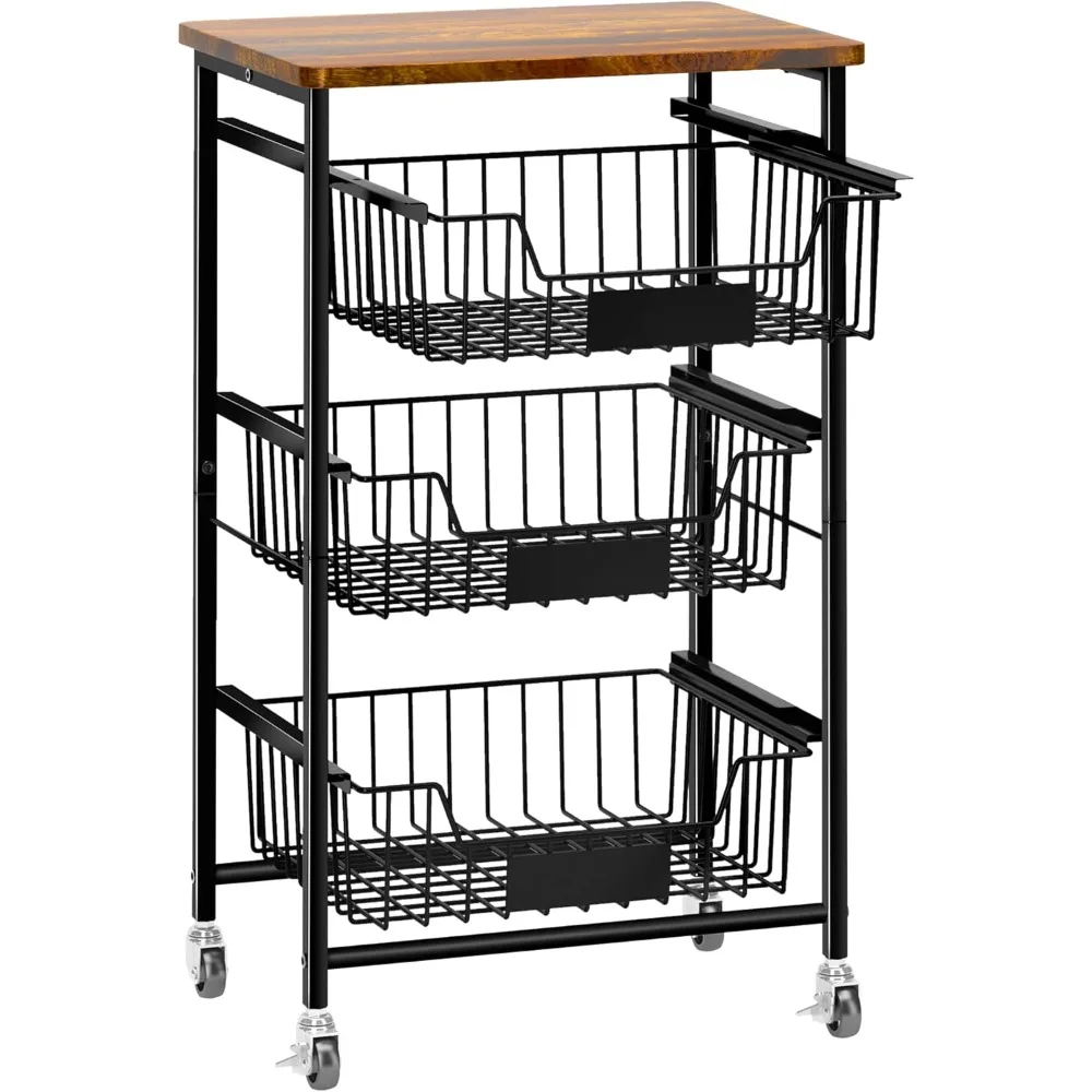 

4-Tier Small Kitchen Storage Cart on Wheels, Metal Fruit Basket Stand with Pull-Out Baskets & Wood Top for Potato Onion