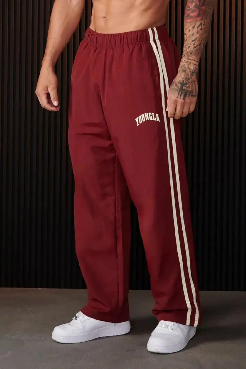 Men\'s sweatpants double strip patchwork printed slacks gym fitness mid rise straight pants boyfriend wear trousers