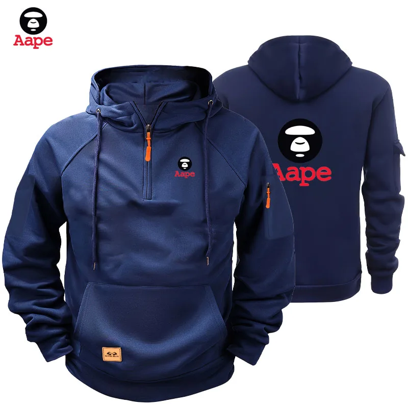 Aape Brand Men's Printed Drawstring Top, Loose-Fitting, Padded, Casual Hooded Sweatshirt, Warm And Trendy Hooded Men's Clothing