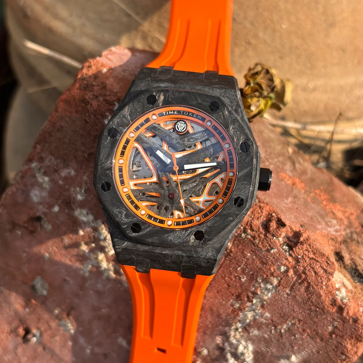 TIMETOKEN Forged Carbon Fiber Case Luminous Luxury Men's Skeleton Mechanical Watch 5ATM Waterproof Orange Rubber WristWatch T577