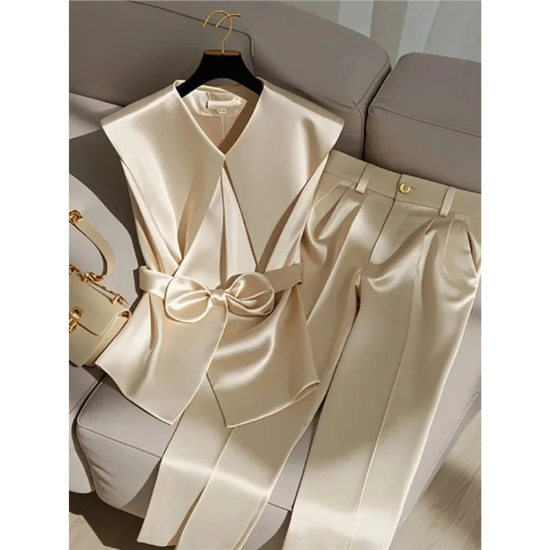 Bow Champagne Colored Suit Women Spring Summer Fashionable Fragrant Style Sleeveless Tie Top Pants Professional Suit Women New