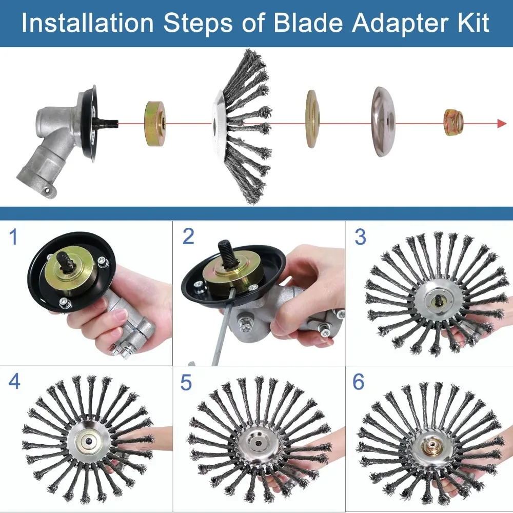 4/6/10inch Weed Brush Cutter Head Steel Wire Trimming Head Cutter with Adapter Kit Brush Cutter Tool for Moss Grass Rust Removal