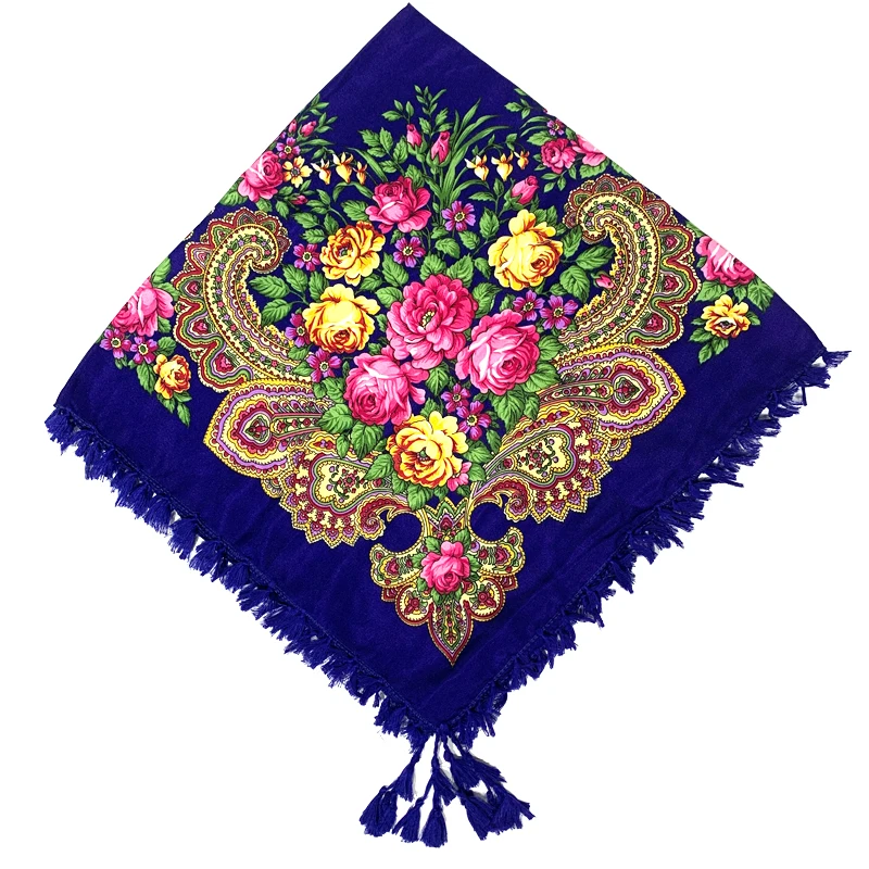 90*90cm WomenRussian Floral Square Scarf Traditional Ukrainian Fringed Bandana Shawls Babushka Handkerchief Lady Head Scarves