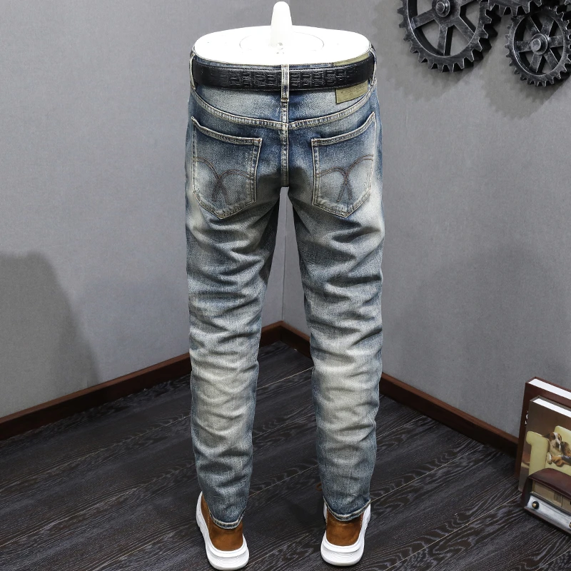 Red-Ear Denim Autumn Men's Jeans 2024 New Street American Retro High-End Washed Old Slim Fit Ankle Tight Trousers