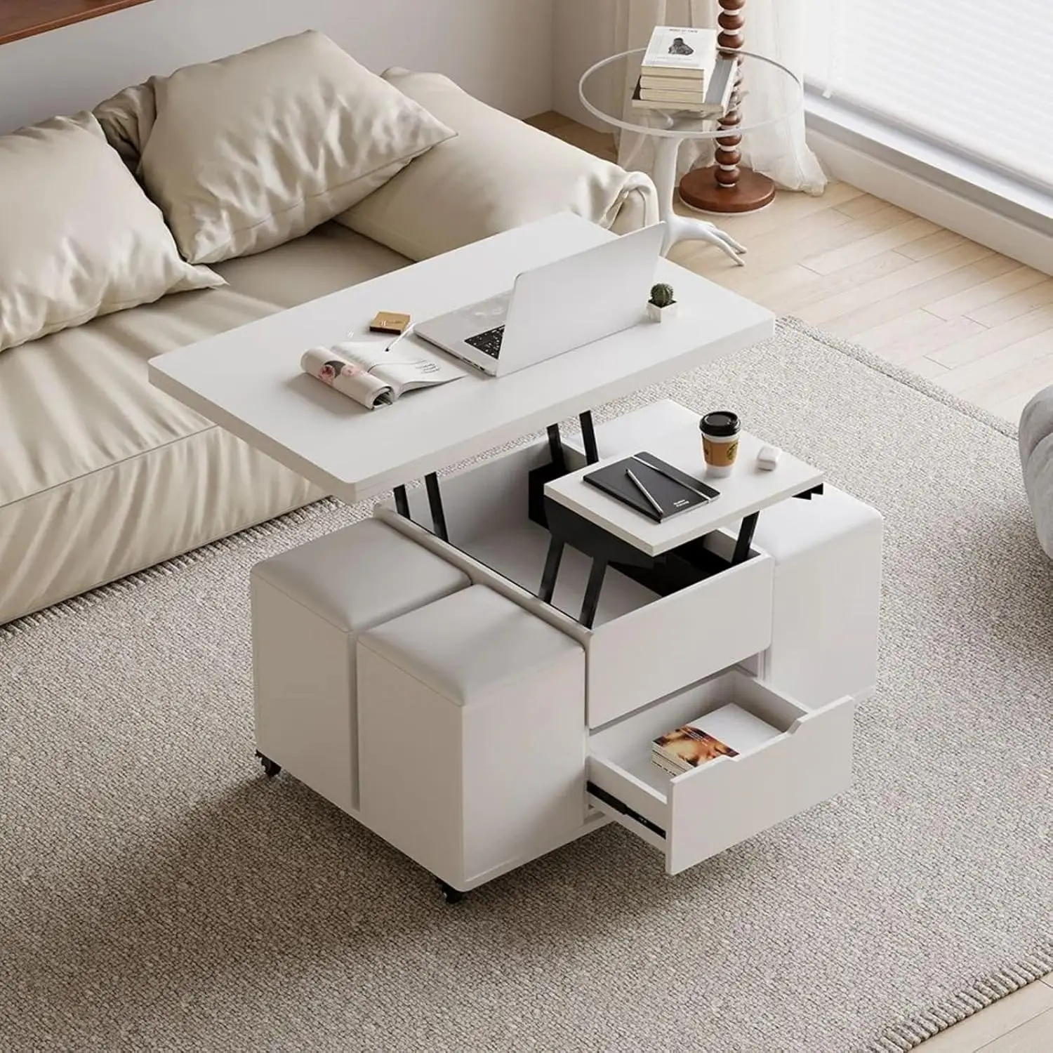 homary White Lift Top Coffee Table with Hidden Storage, 3 in 1 Multi-Function Modern Folding Center Table with 4 Stools and Cast