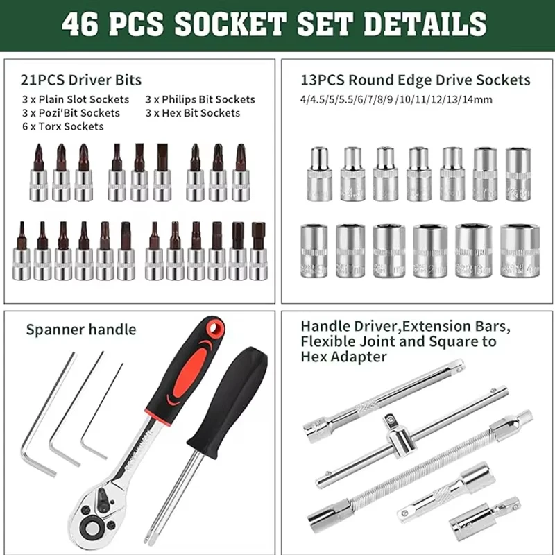 TKDMR 46Pcs 1/4 inch drive socket ratchet wrench set with reversible ratchet, metric socket wrench set and extension rod