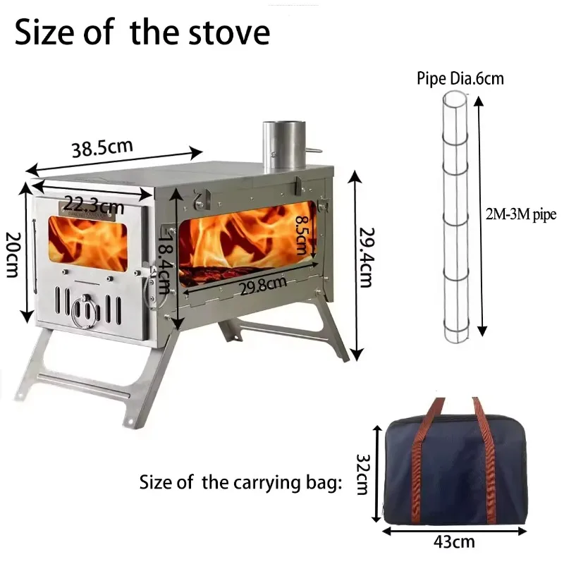 Outdoor 100% TA1 Titanium Tent Stove, Lightweight Foldable Camping Stove with Smoke Pipe for Camping Cooking