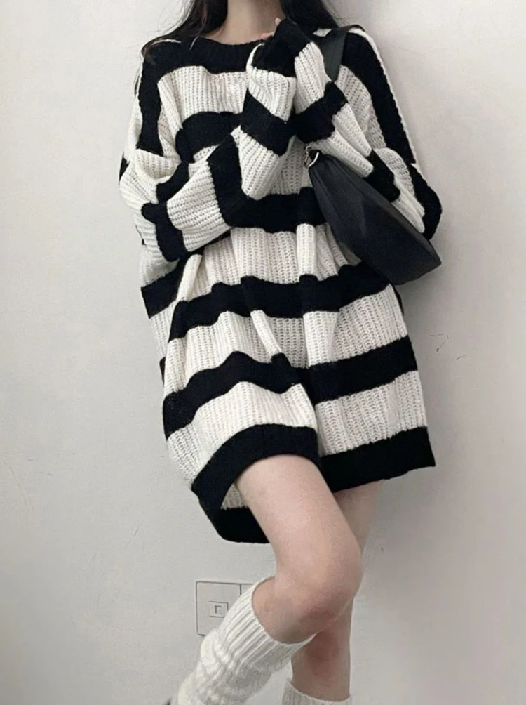 

Y2K Striped Sweaters Women Gothic Loose Punk Knitted Jumpers Streetwear Harajuku Long Sleeve Vintage Lady Pullovers Tops