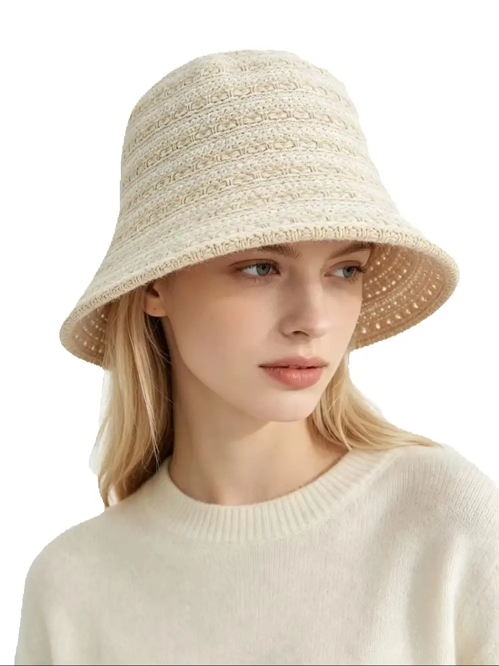 Cozy Lightweight Fall Women Textured Striped Knit Bucket Hat Soft Fuzzy Knitted Fisherman Cap Vintage Neutral Tone Cloche Hat
