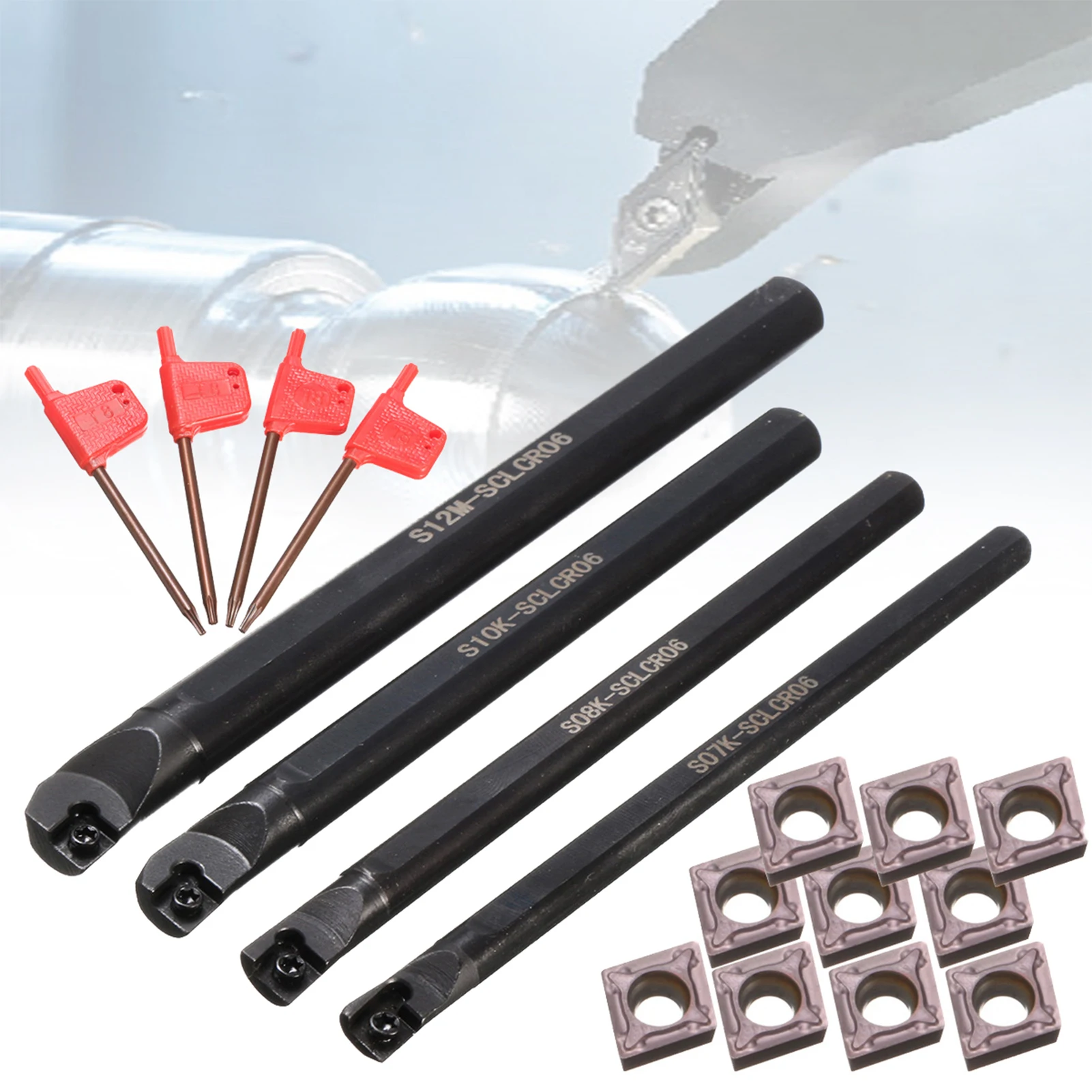 4 Set of 7/8/10/12mm SCLCR Lathe Boring Bar Turning Tool Holder +10Pcs CCMT 0602 Inserts Blades Machine Turning Tools Holder Set