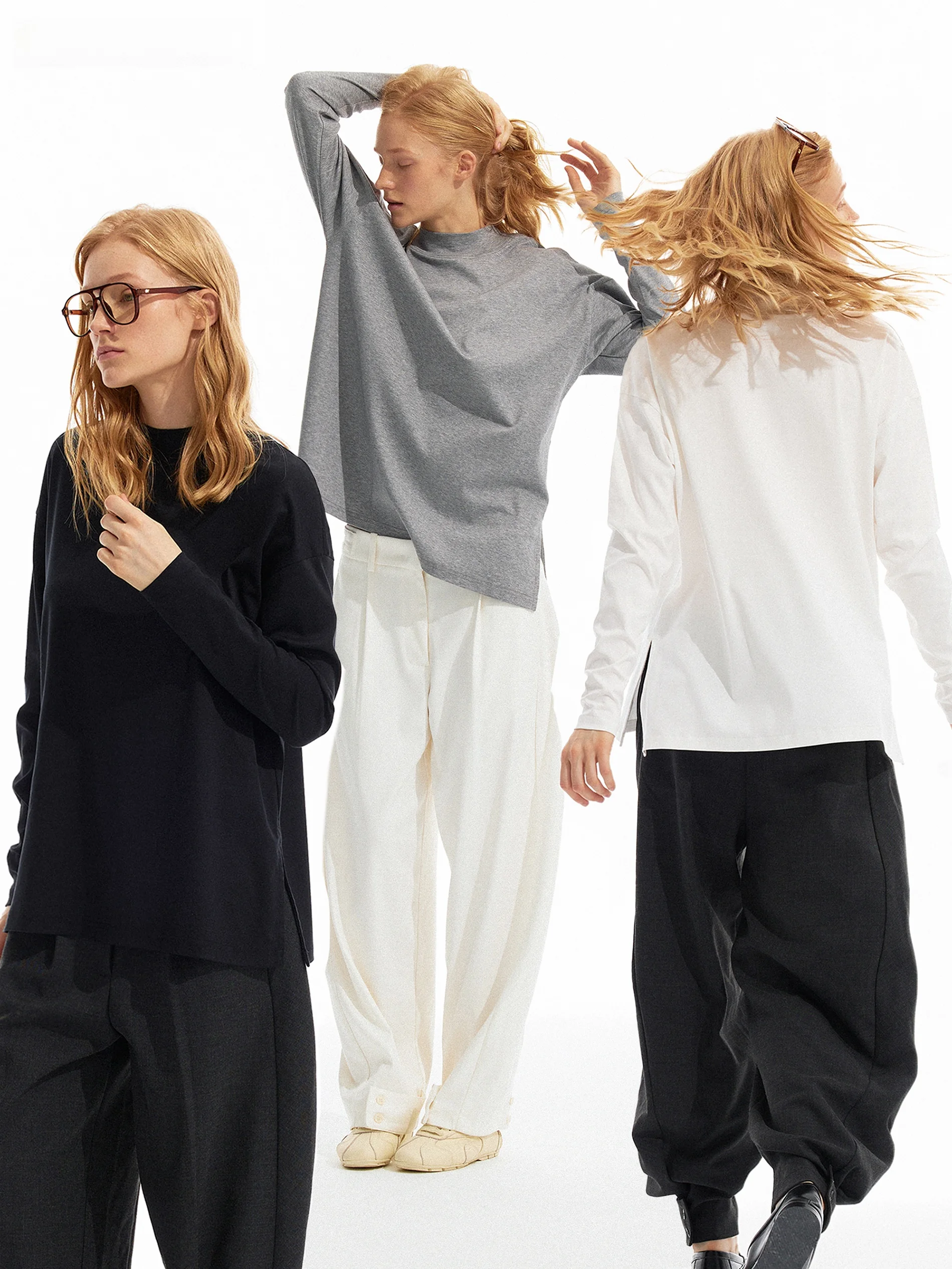 

Loose Fit Pure Cotton Batwing Sve T-irt Side Split High Collar Tee Colors Silk Luster Women's Casual Faion Top