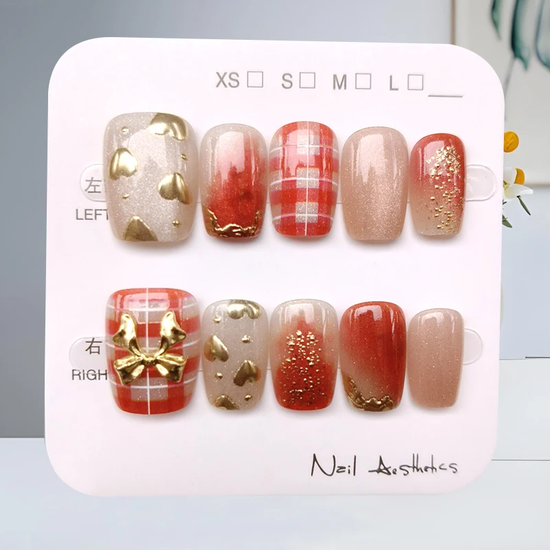 10Pcs Red Checkered Gold-plated Amber Gradient Wearable Nail Art Press on Nails Cute Bowknot Cherry Temperament Fake Nails