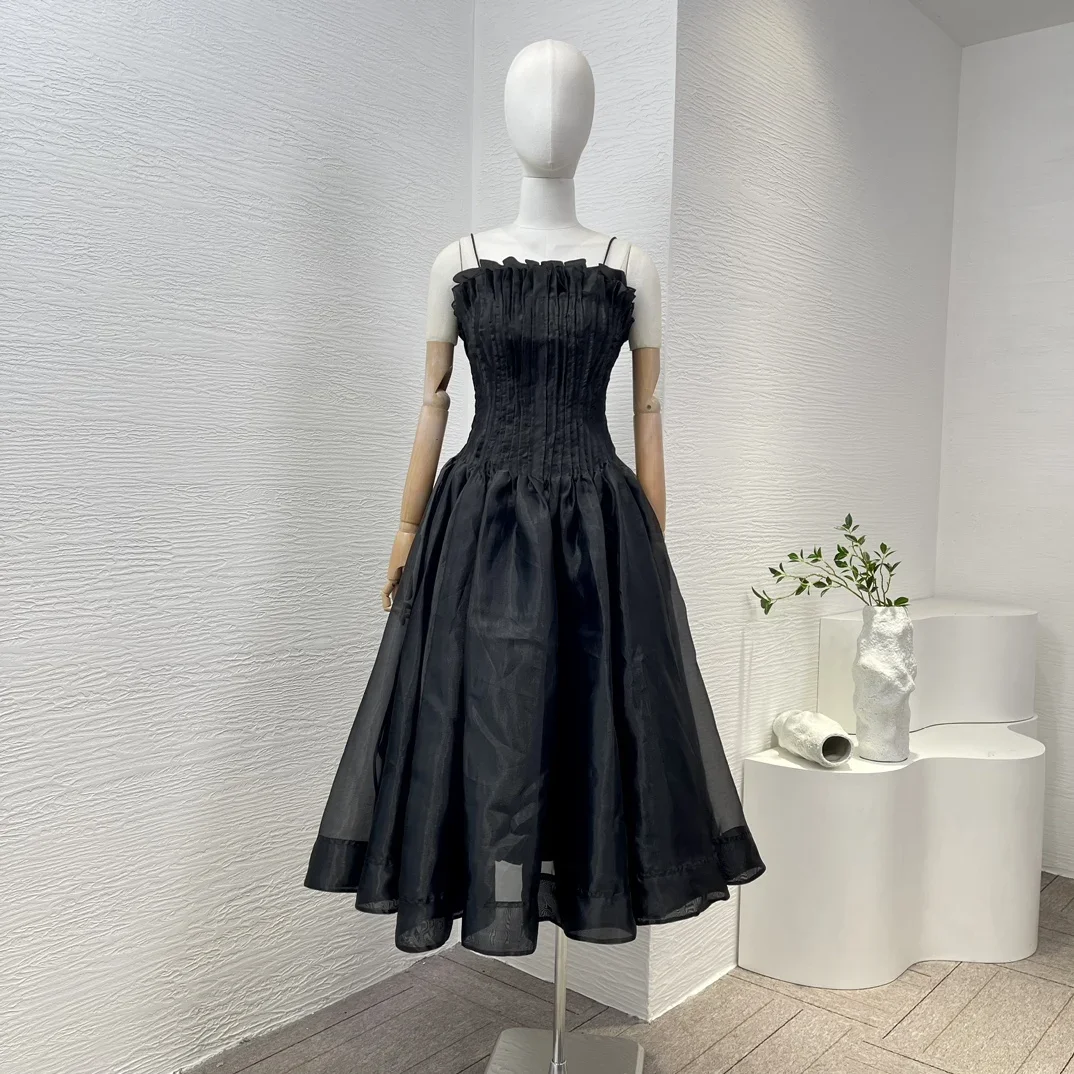 2024 Latest Collection Black Strapless Ruched Pleat Sleeveless High Quality A-line Women Midi Dress