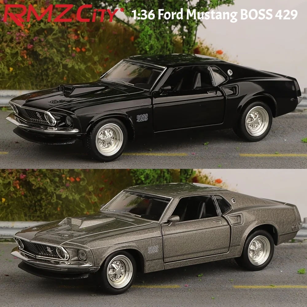 Coche de juguete Ford Mustang Boss 429 a escala 1:36 para niños, RMZ CiTY, vehículo en miniatura de metal fundido a presión, con función de retroceso, para exhibición y colección, regalo para niños