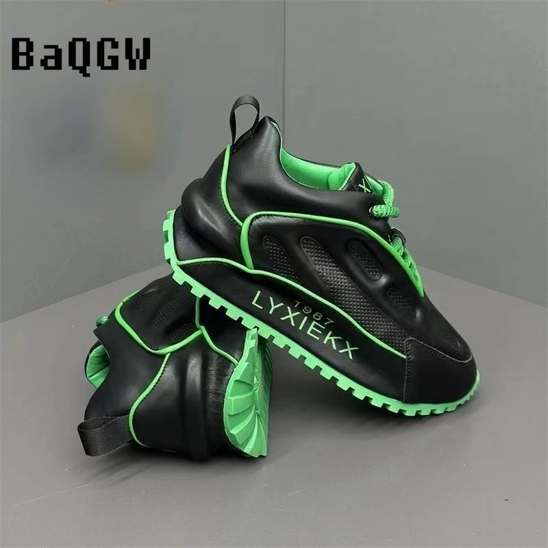 Color Block Luxury Chunky Sneakers Men Cover Bottom Board Shoes Fashion Casual Genuine Leather Increased Internal Platform Shoes