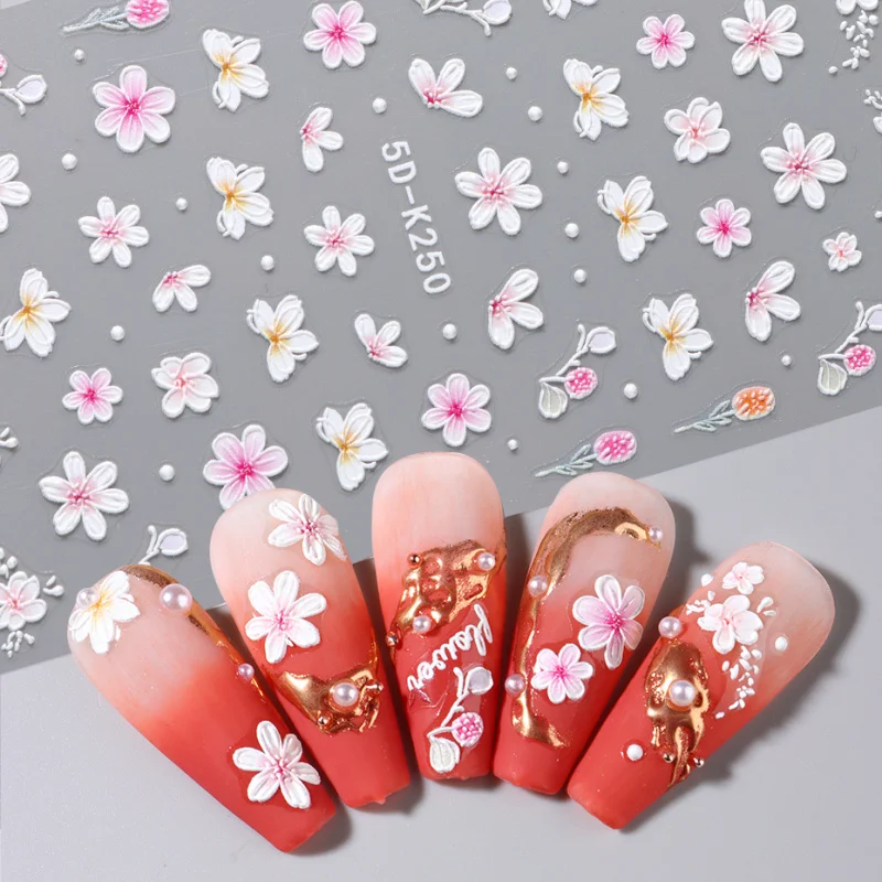 5D Spring Floral Nail Stickers Lavender Daisy Blossoms Lily Flower Designs Embossed Adhesive Decals Nail Art Decorations