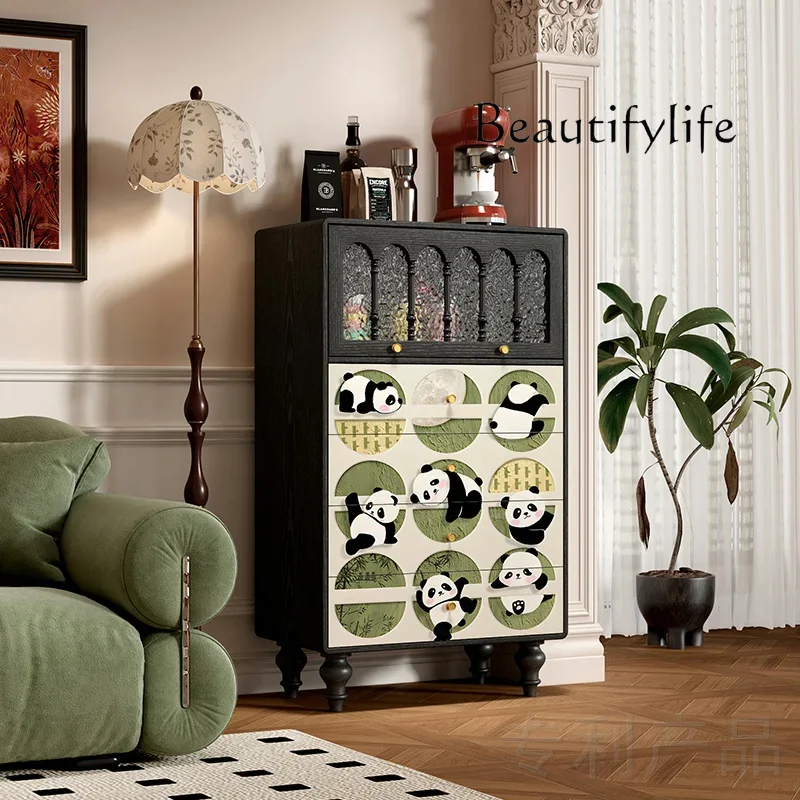X36 French Cream Wind Panda Picture Solid Wood Dining Side Cabinet Living Room Storage Four Chest Restaurant Tea Cabinet Water B