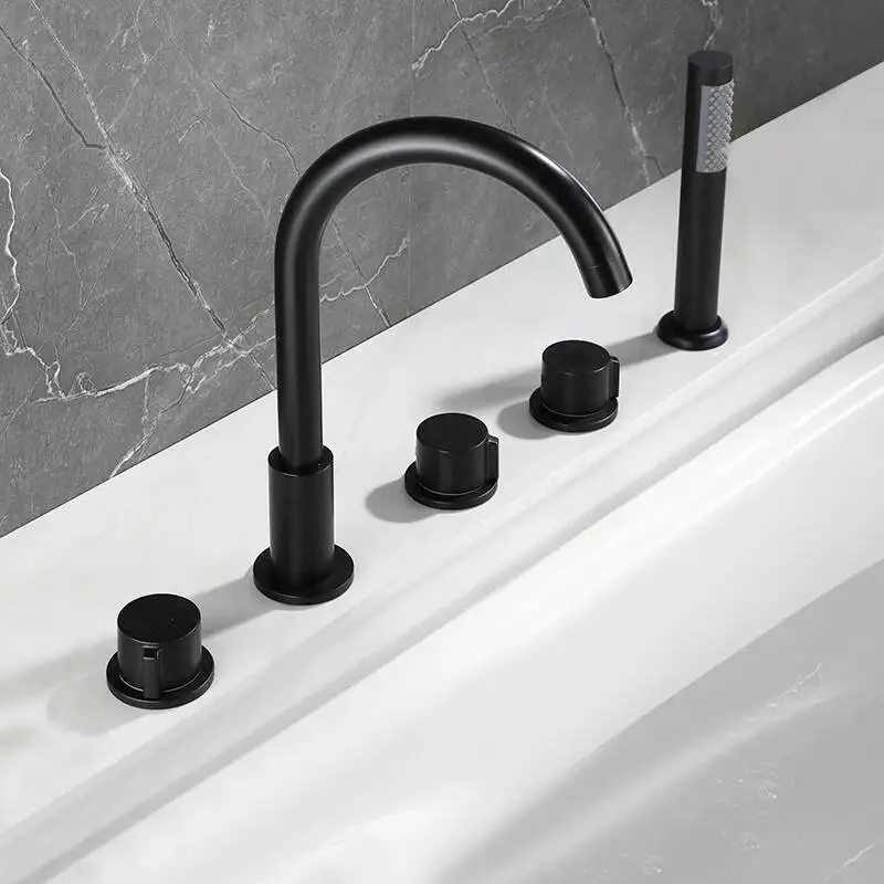

Brass Black Deck-Mounted 5-Hole Bathroom Bath Tub Rotating Faucet Mixer Bathtub Basin Water Tap With Spray