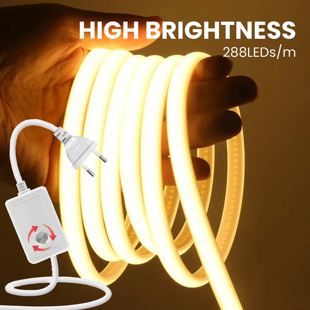Tira de Luz LED COB Atenuable con Interruptor y Kit de Alimentación 220V 5m 10m 30m 3000K 4000K 6000K 288LED Cinta Flexible Impermeable 0.5m