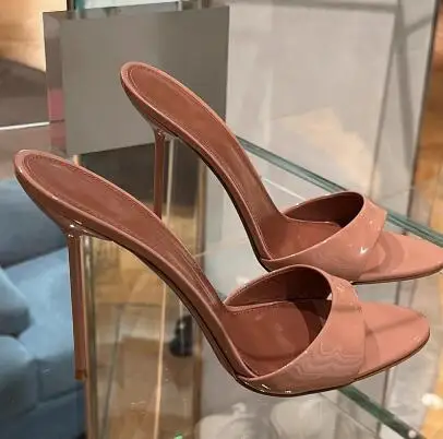 Size 33 Women Fashion Burgundy Nude Patent Leather Round Open Toe One Line Slip On 8 10 CM High Heels Slippers Female Sandals