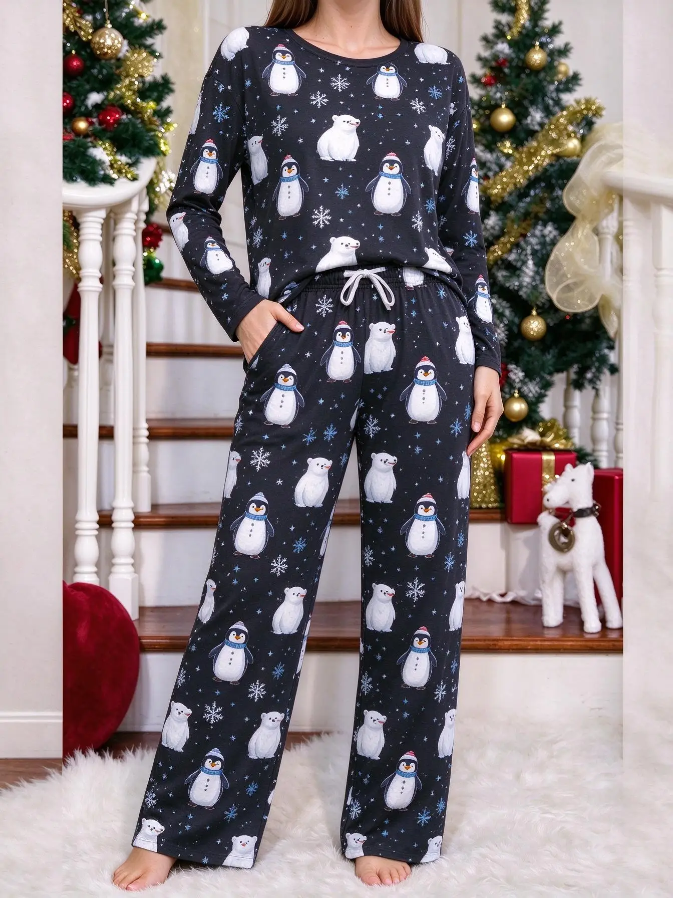 Women Imitation Cotton Loungewear Set Christmas Gingerbread Man with Santa Hat Candy Cane All Over Print Long Sleeve Pajamas view 5