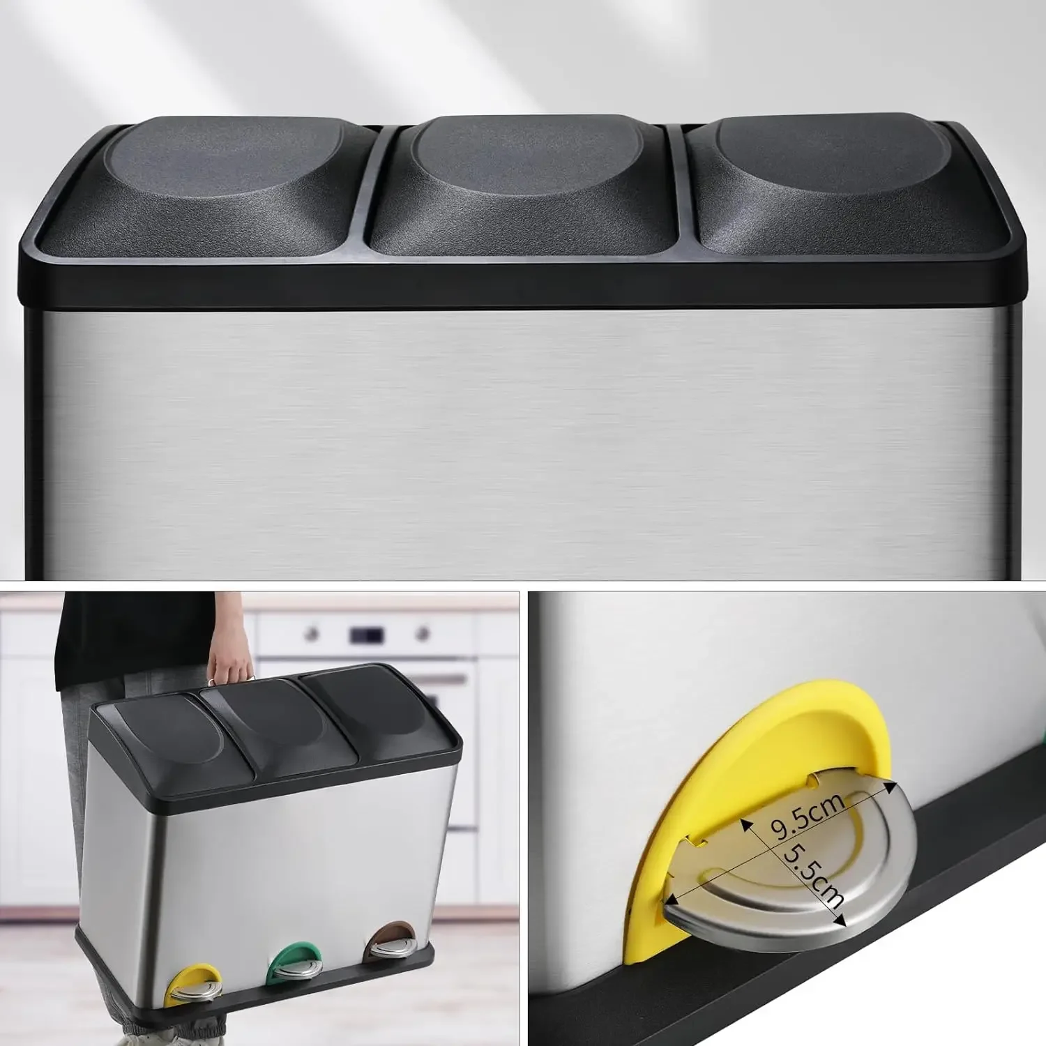 Kosz na śmieci do kuchni, 3 przegródki, stal nierdzewna, kosz na śmieci, plastikowe wiadra wewnętrzne 3 x 8 / 3 x 15 l i pokrywki na zawiasach,