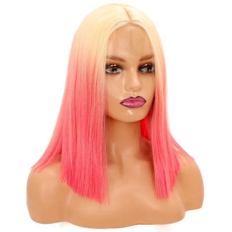 Orange Gradient Pink Synthetic Wig Short Straight Bob Middle Part Lace Cap