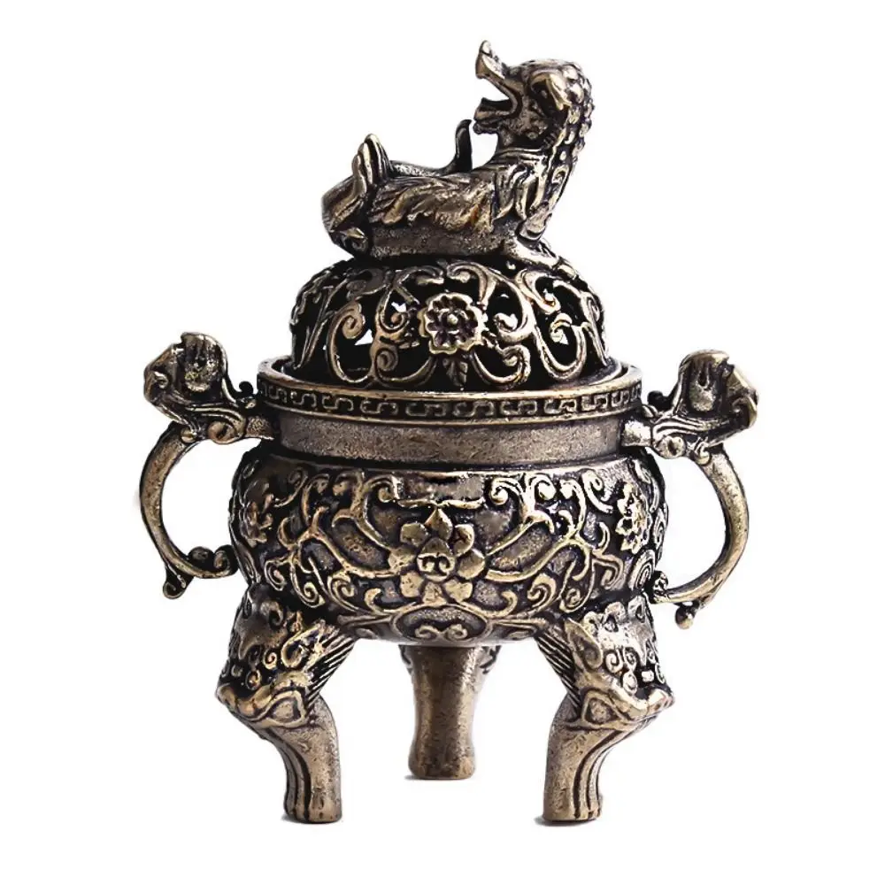 

Antique Brass Three Legs Qilin Head Incense Burner Mini Ornament Chinese Ancient Beast Censer Cover Solid Copper Tea Desk Decors