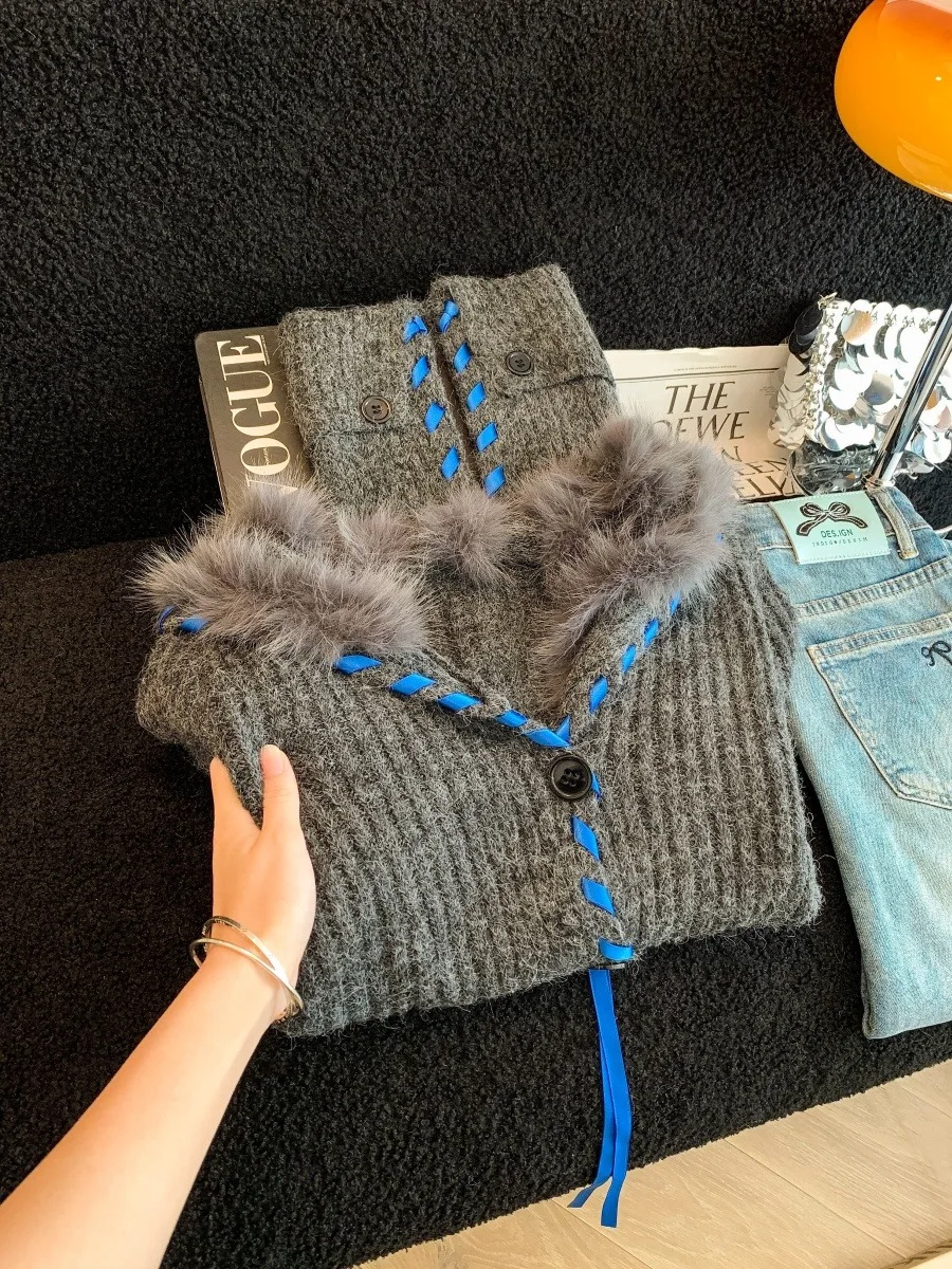 Lu Fur Trim Sweater Feminino Outono Inverno Thiened Quente Malha Longo Sve Cardigan Gola de Veludo Macio Cor Preguiçosa...