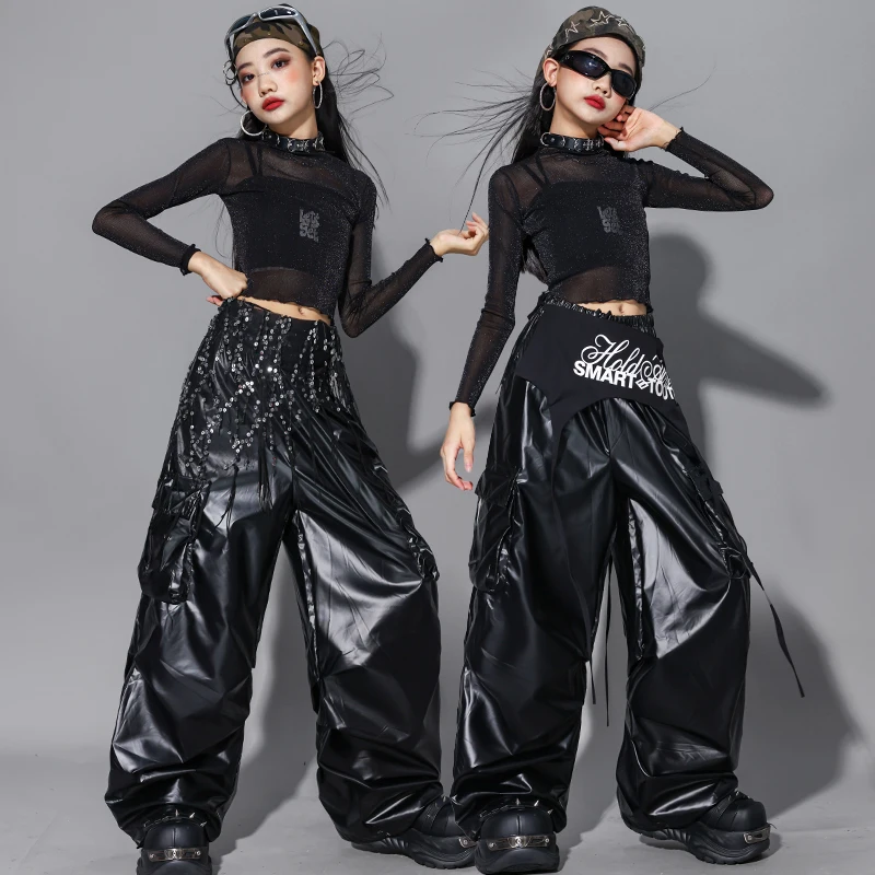 

Kpop костюм для девочек, крутой наряд для джазовых танцев, черная танцовщица, сценическая одежда, укороченный топ, свободные брюки, детская уличная танцевальная одежда AMY3005