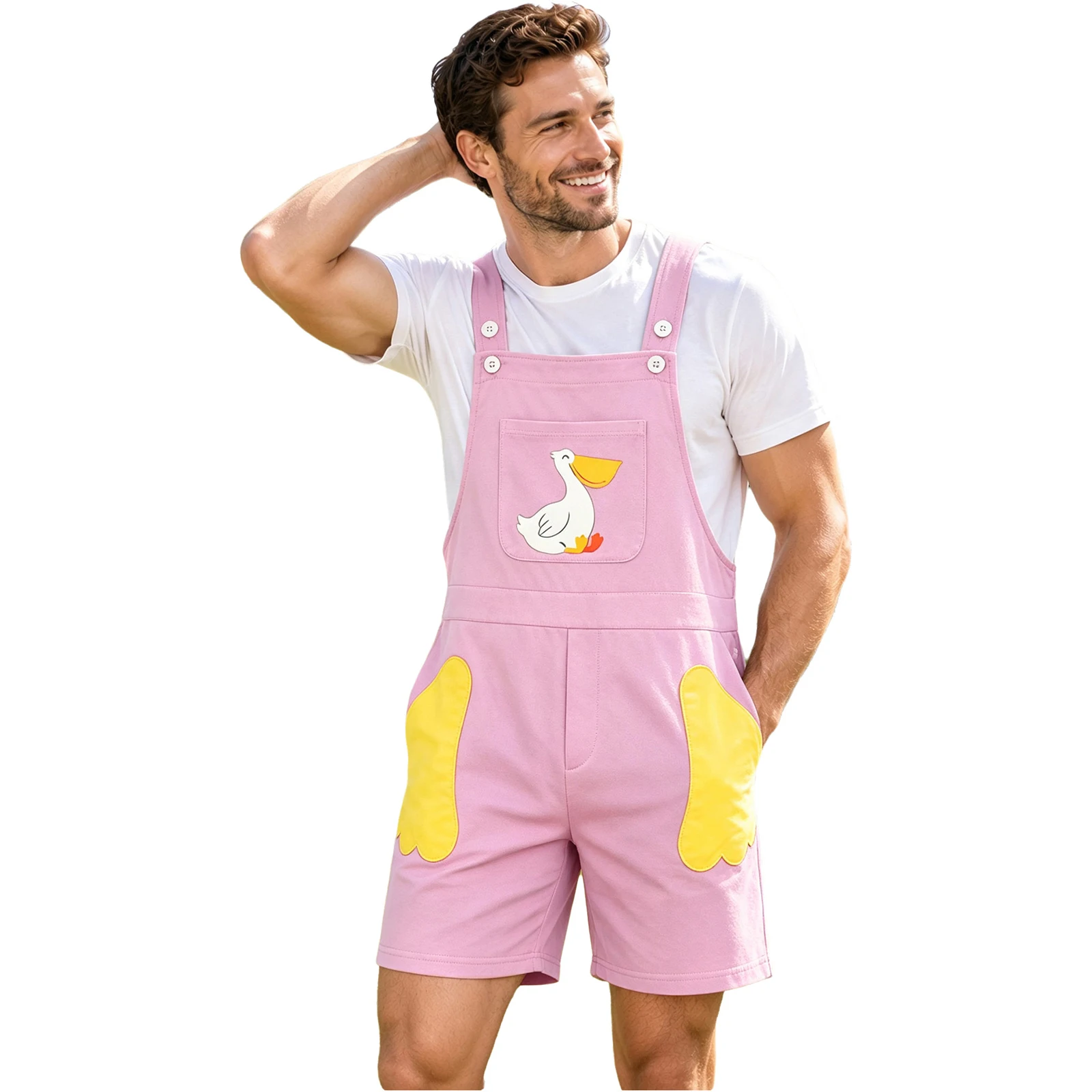 Men Cute Duck Print Overalls Jumpsuit Adjustable Straps Bib Shorts with Pockets for Casual Family Gathering Short Rompers Pants