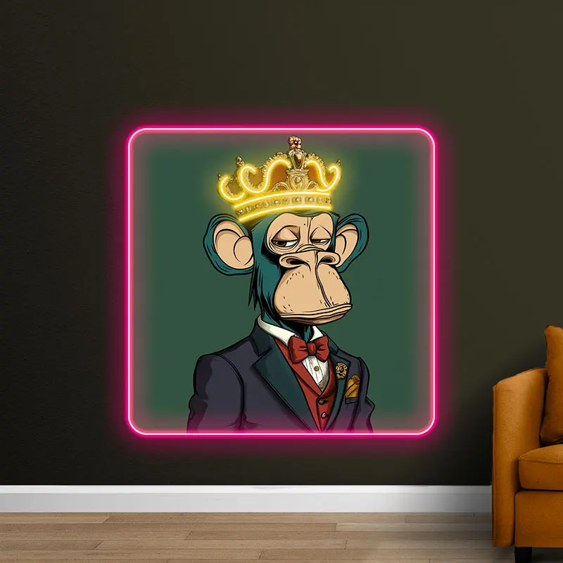 Toysign Monkey King with Crown Neon Art - Majestic LED Wall Decor for Lounge, Game Room, Custom Neon Sign Led Light - Pink Frame