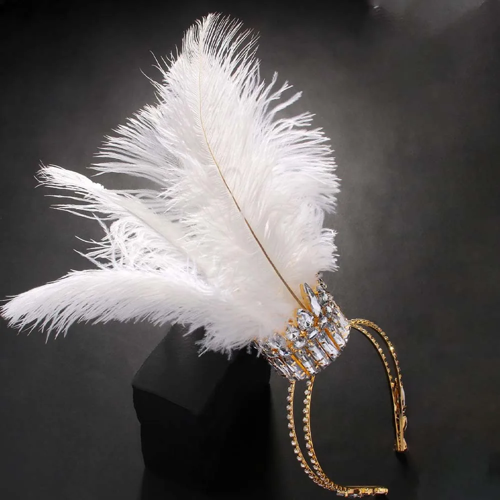 Stonefans Carnival White Queen Feather Crown Headband Prom Accessories Nightclub Geometric Baroque Crystal Crown Tiara for Women