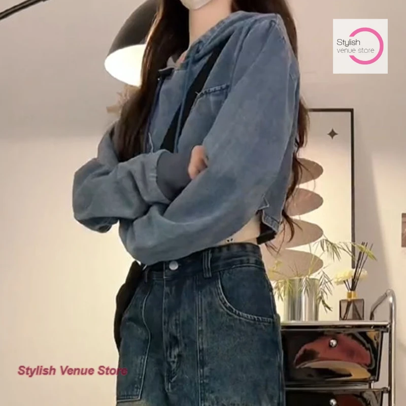 American retro tooling cowboy hooded pullover sweater women's spring and autumn fashion temperament high street short joker top