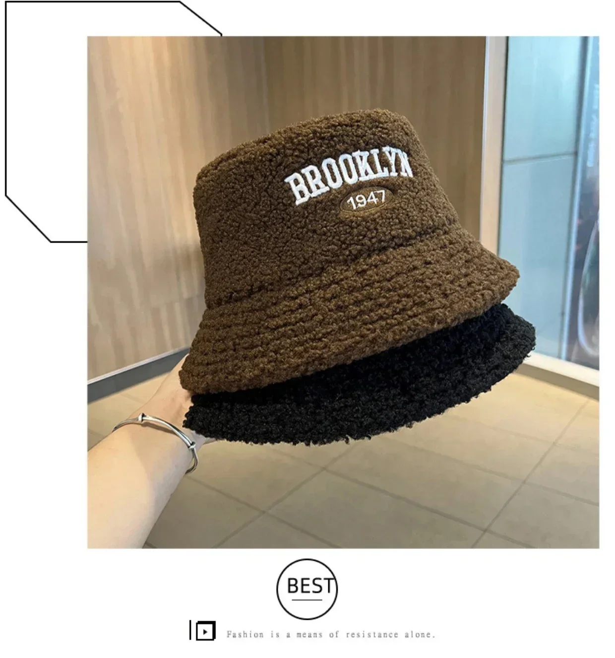 Fashion Letter Embroidered Women\'s Warm Lambswool Bucket Hat